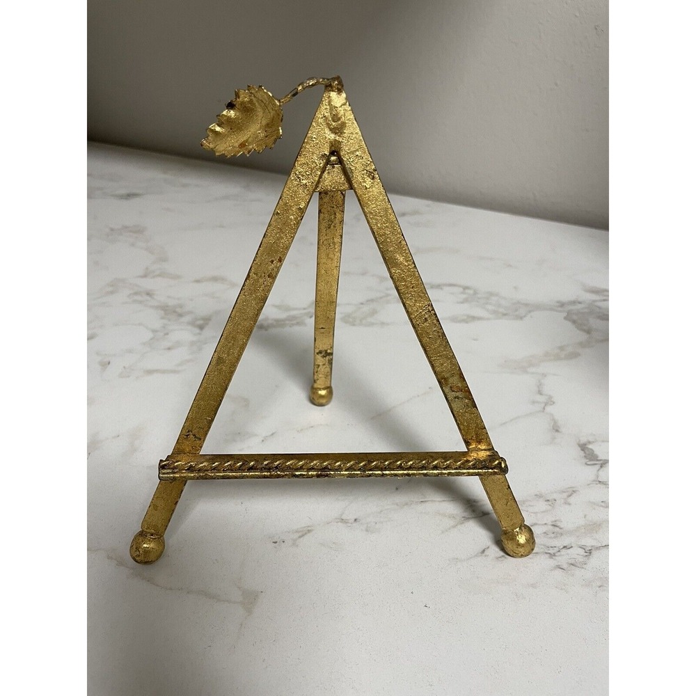 Vintage MCM Metal Gold Leaf Rope Motif Art Plate‎ Folding Easel 7.5"